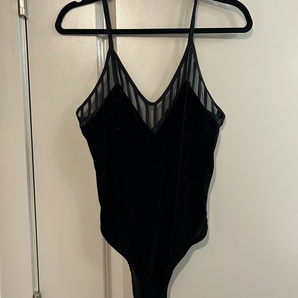 Topshop Black Velvet Bodysuit with Sheer Stripes